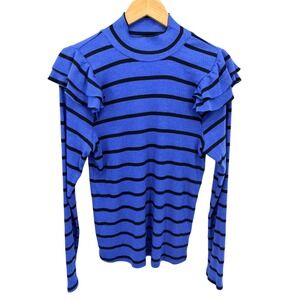 Anthropologie‎ T.La Blue Black Stripe Mock Neck Ruffle Sleeve Knit Top Preppy XL